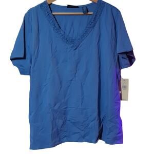 NWT Karen Scott 2X Blue V-Neck Top with Crochet Details [0052]